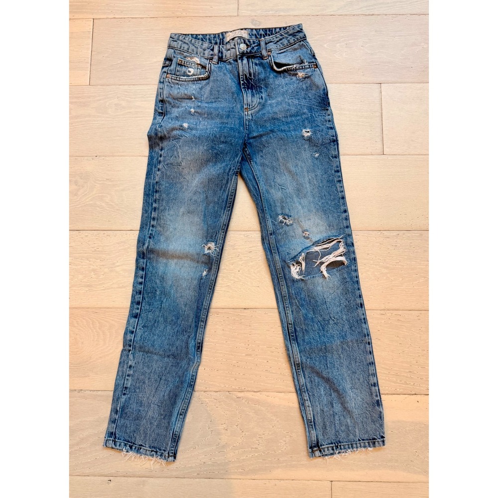 We The Free Free People Distressed Straight Leg Jeans Women's Blue Denim Raw Hem